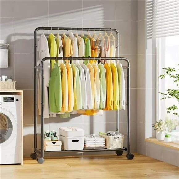 Rolling Clothes Rack Double Rod Garment Rack with Wheels Metal Black